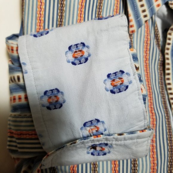 Robert Graham Blue & Orange Stripes Flip Cuff Dress Shirt - Picture 2 of 6